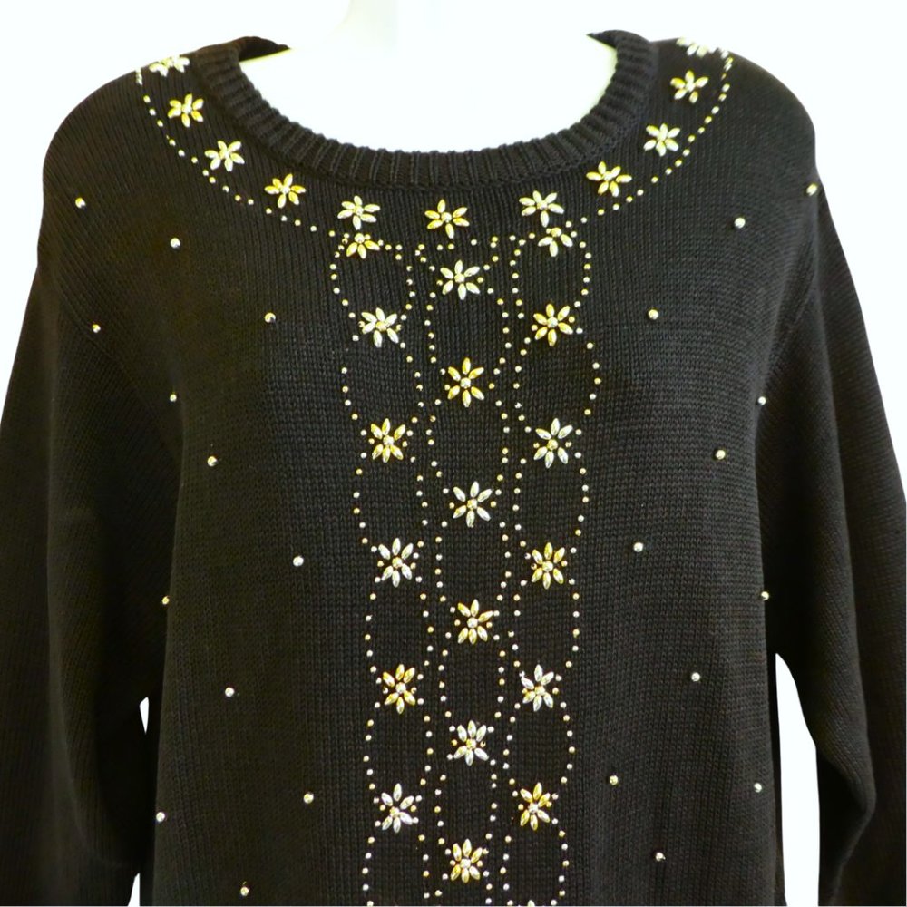 Victoria Jones Vintage Black Knit Holiday Sweater Gold Floral Beaded Festive L